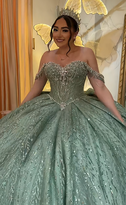 Fairy Sweet 16 Dresses Ball Gown Tulle Long Green Quinceanera Dress ED11970