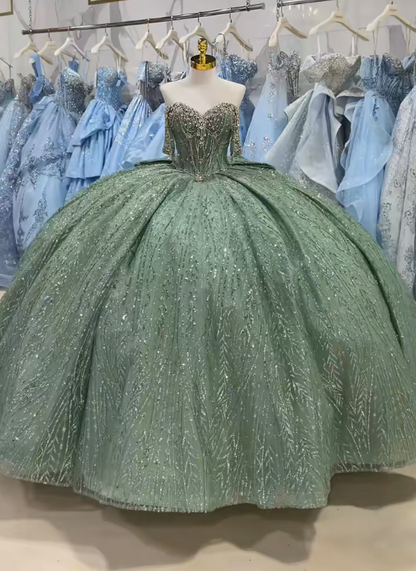 Fairy Sweet 16 Dresses Ball Gown Tulle Long Green Quinceanera Dress ED11970