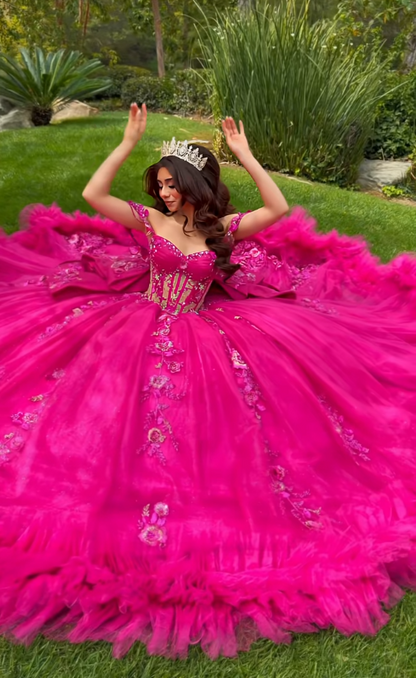Fairy Sweet 16 Kleider Ballkleid Tüll Langes knallpinkes Quinceañera-Kleid ED11971