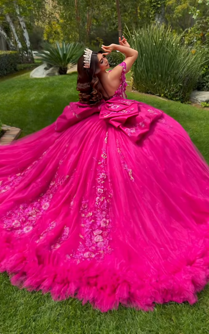 Fairy Sweet 16 Kleider Ballkleid Tüll Langes knallpinkes Quinceañera-Kleid ED11971