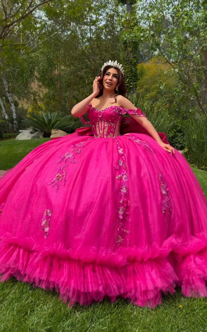 Fairy Sweet 16 Kleider Ballkleid Tüll Langes knallpinkes Quinceañera-Kleid ED11971