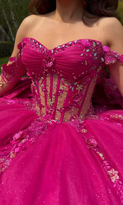 Fairy Sweet 16 Kleider Ballkleid Tüll Langes knallpinkes Quinceañera-Kleid ED11971