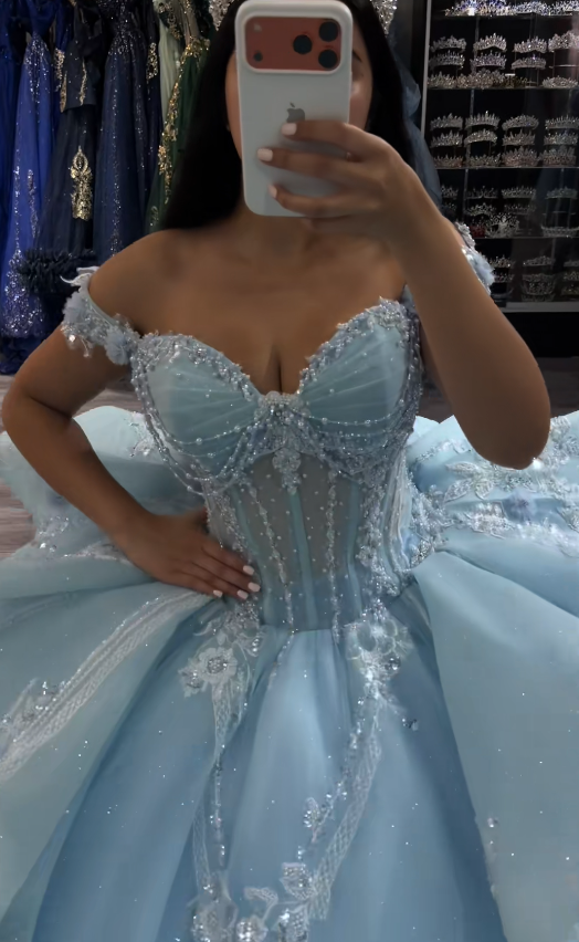 Robe de bal de 16 ans féerique, longue robe de quinceañera bleue en tulle perlé ED11973