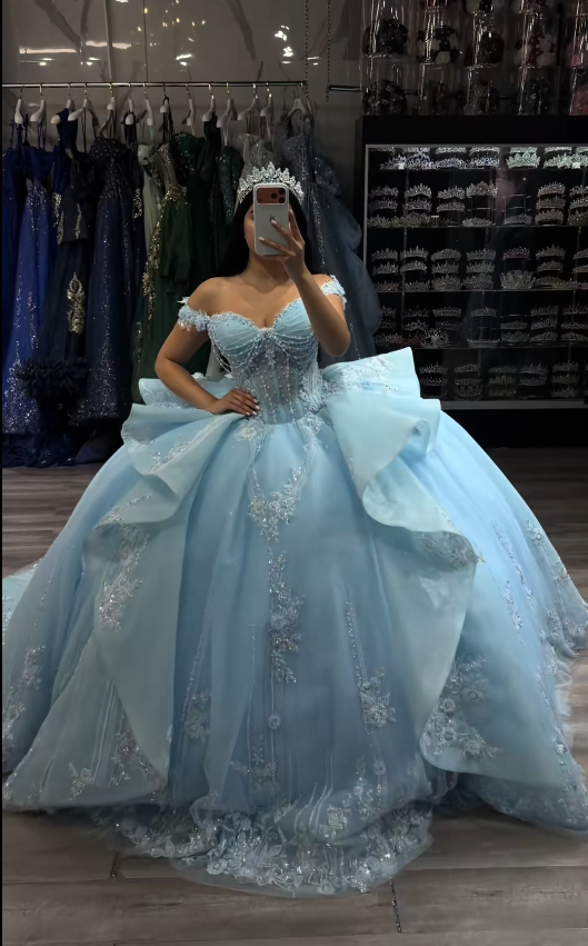 Robe de bal de 16 ans féerique, longue robe de quinceañera bleue en tulle perlé ED11973