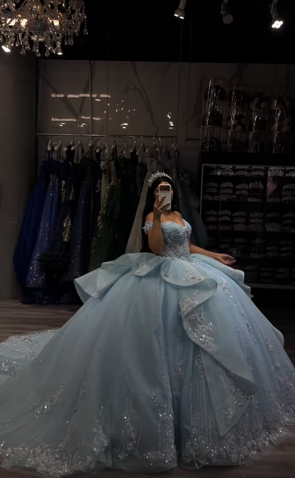 Robe de bal de 16 ans féerique, longue robe de quinceañera bleue en tulle perlé ED11973