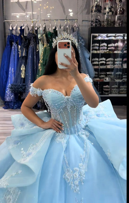 Robe de bal de 16 ans féerique, longue robe de quinceañera bleue en tulle perlé ED11973