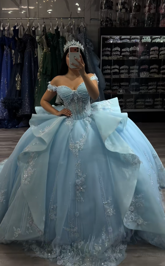 Robe de bal de 16 ans féerique, longue robe de quinceañera bleue en tulle perlé ED11973