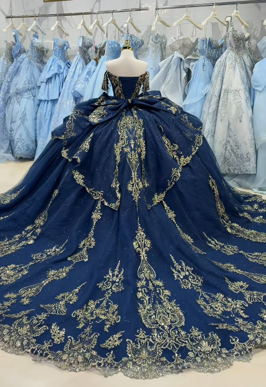 Fairy Ball Gown Tulle Beaded Sweet 16 Dresses Long Navy Blue Quinceanera Dress  ED11974