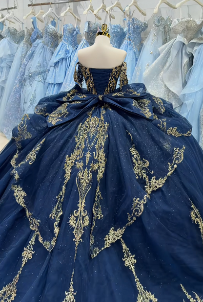 Fairy Ball Gown Tulle Beaded Sweet 16 Dresses Long Navy Blue Quinceanera Dress  ED11974