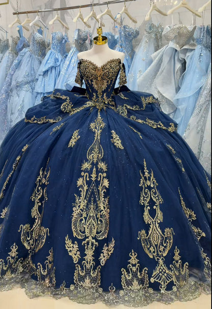 Fairy Ball Gown Tulle Beaded Sweet 16 Dresses Long Navy Blue Quinceanera Dress  ED11974