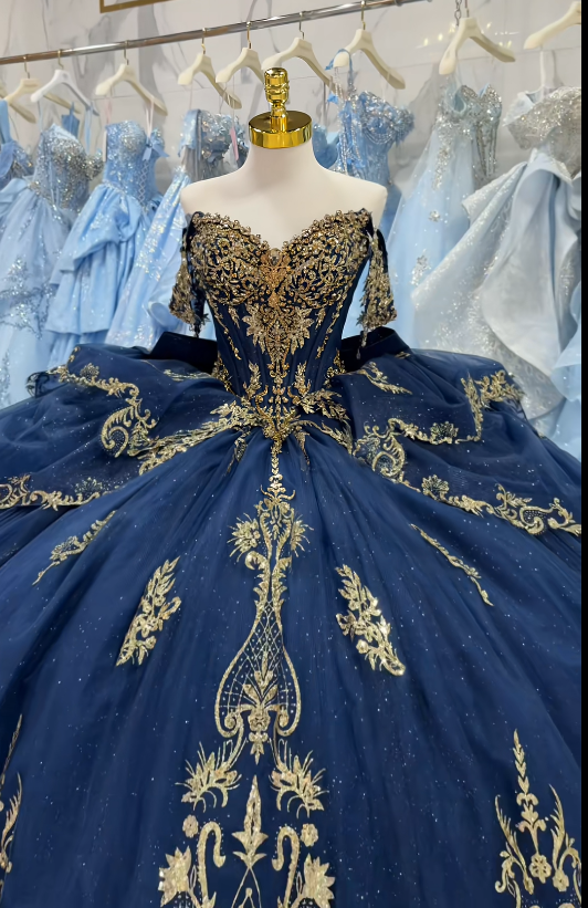 Fairy Ball Gown Tulle Beaded Sweet 16 Dresses Long Navy Blue Quinceanera Dress  ED11974