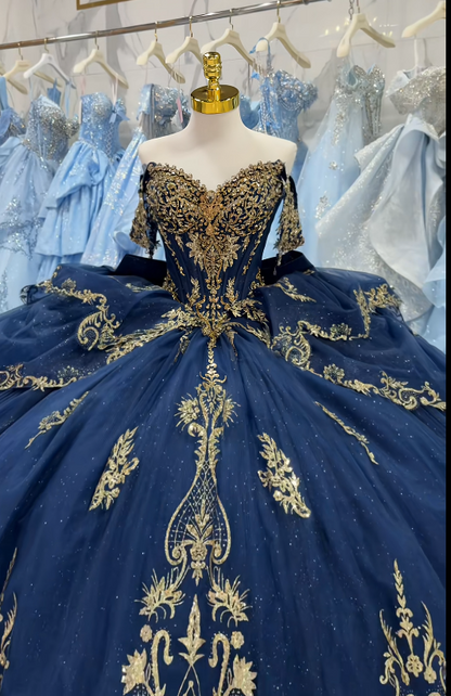 Fairy Ball Gown Tulle Beaded Sweet 16 Dresses Long Navy Blue Quinceanera Dress  ED11974