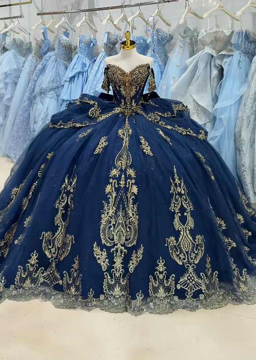 Fairy Ball Gown Tulle Beaded Sweet 16 Dresses Long Navy Blue Quinceanera Dress  ED11974