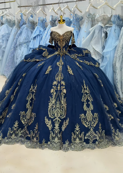 Fairy Ball Gown Tulle Beaded Sweet 16 Dresses Long Navy Blue Quinceanera Dress  ED11974