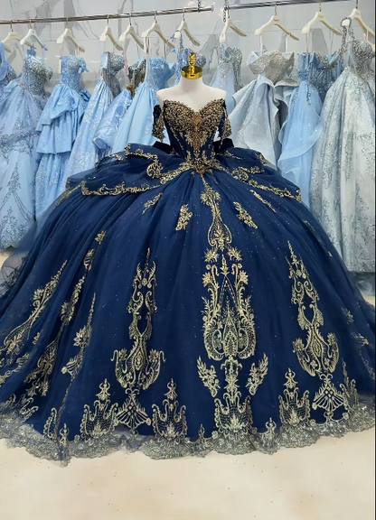 Fairy Ball Gown Tulle Beaded Sweet 16 Dresses Long Navy Blue Quinceanera Dress  ED11974