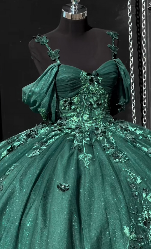 Feenhaftes Ballkleid mit Tüllapplikationen, Kleid zum 16. Geburtstag, langes dunkelgrünes Quinceañera-Kleid ED11975