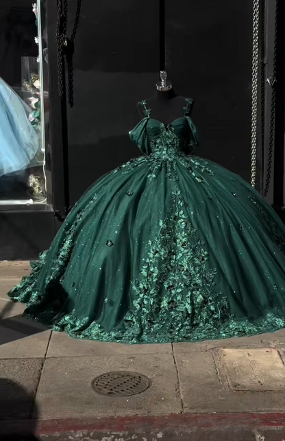 Feenhaftes Ballkleid mit Tüllapplikationen, Kleid zum 16. Geburtstag, langes dunkelgrünes Quinceañera-Kleid ED11975