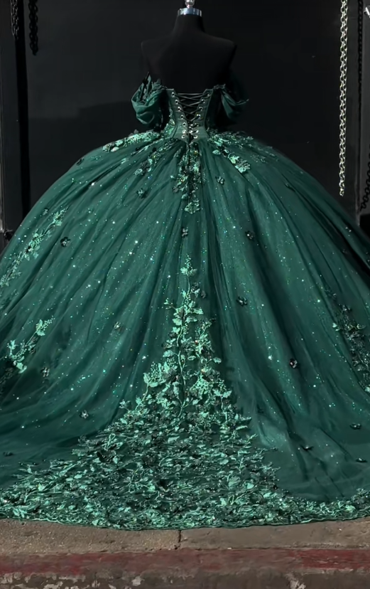 Feenhaftes Ballkleid mit Tüllapplikationen, Kleid zum 16. Geburtstag, langes dunkelgrünes Quinceañera-Kleid ED11975