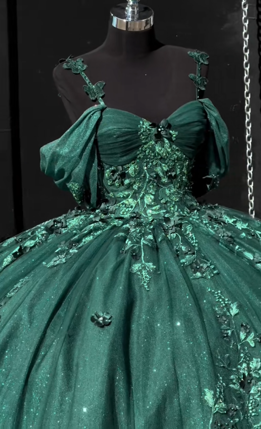 Feenhaftes Ballkleid mit Tüllapplikationen, Kleid zum 16. Geburtstag, langes dunkelgrünes Quinceañera-Kleid ED11975