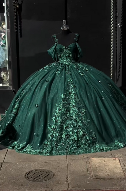 Feenhaftes Ballkleid mit Tüllapplikationen, Kleid zum 16. Geburtstag, langes dunkelgrünes Quinceañera-Kleid ED11975