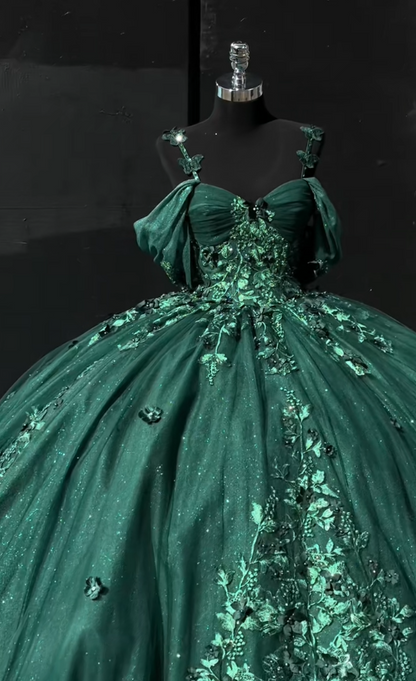 Feenhaftes Ballkleid mit Tüllapplikationen, Kleid zum 16. Geburtstag, langes dunkelgrünes Quinceañera-Kleid ED11975