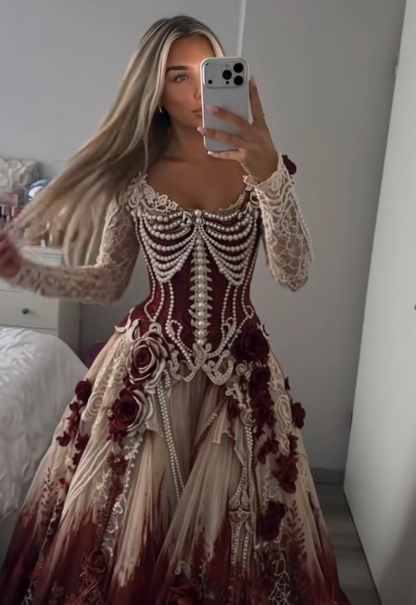 Schickes burgunderrotes, perlenbesetztes A-Linien-Abiballkleid aus Tüll, langes Abendkleid ED11979