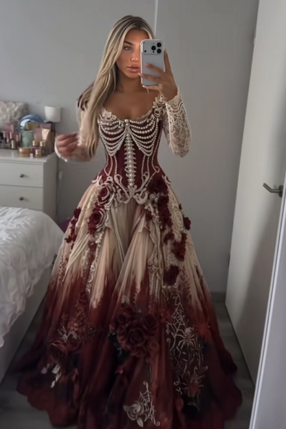 Schickes burgunderrotes, perlenbesetztes A-Linien-Abiballkleid aus Tüll, langes Abendkleid ED11979