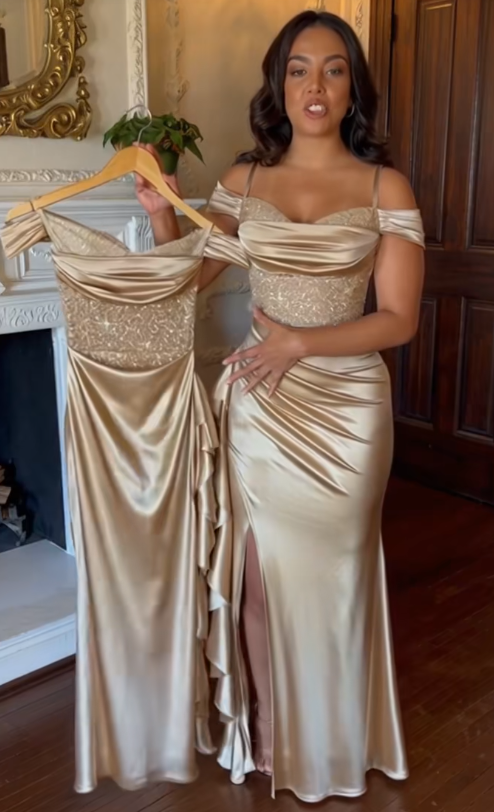 Schickes champagnerfarbenes, langes Etuikleid aus Satin für den Abschlussball ED11980