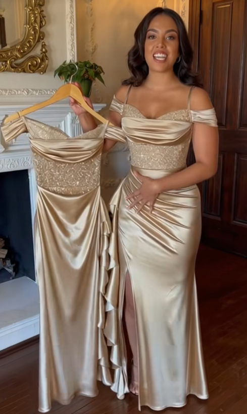 Schickes champagnerfarbenes, langes Etuikleid aus Satin für den Abschlussball ED11980