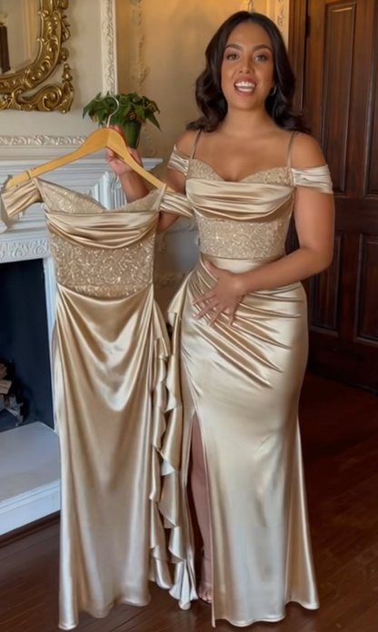 Schickes champagnerfarbenes, langes Etuikleid aus Satin für den Abschlussball ED11980