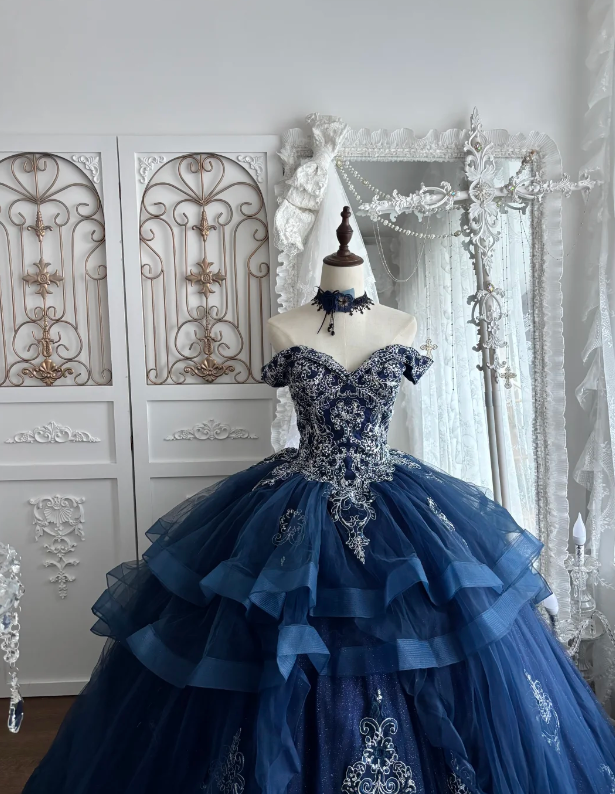 Fairy Ball Gown Tulle Appliques Sweet 16 Dresses Long Navy Blue Quinceanera Dress ED11981