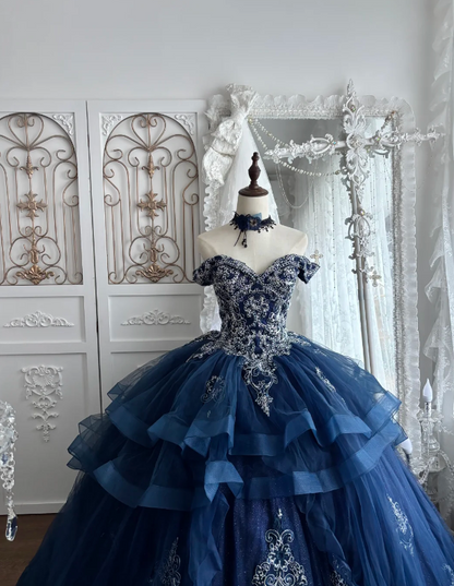 Fairy Ball Gown Tulle Appliques Sweet 16 Dresses Long Navy Blue Quinceanera Dress ED11981