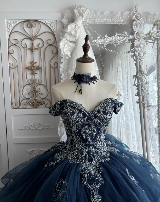 Fairy Ball Gown Tulle Appliques Sweet 16 Dresses Long Navy Blue Quinceanera Dress ED11981