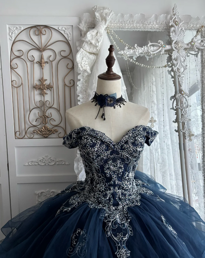 Fairy Ball Gown Tulle Appliques Sweet 16 Dresses Long Navy Blue Quinceanera Dress ED11981