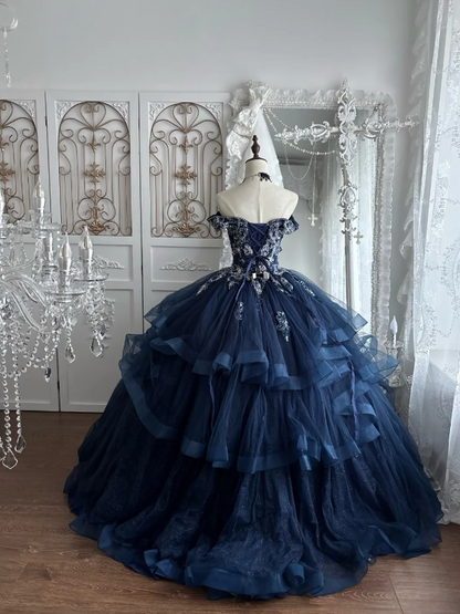 Fairy Ball Gown Tulle Appliques Sweet 16 Dresses Long Navy Blue Quinceanera Dress ED11981