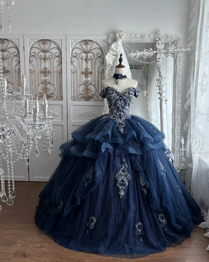 Fairy Ball Gown Tulle Appliques Sweet 16 Dresses Long Navy Blue Quinceanera Dress ED11981