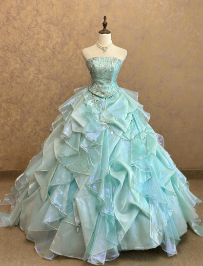 Fairy Ball Gown Tulle Appliques Sweet 16 Dresses Long Green Quinceanera Dress ED11982