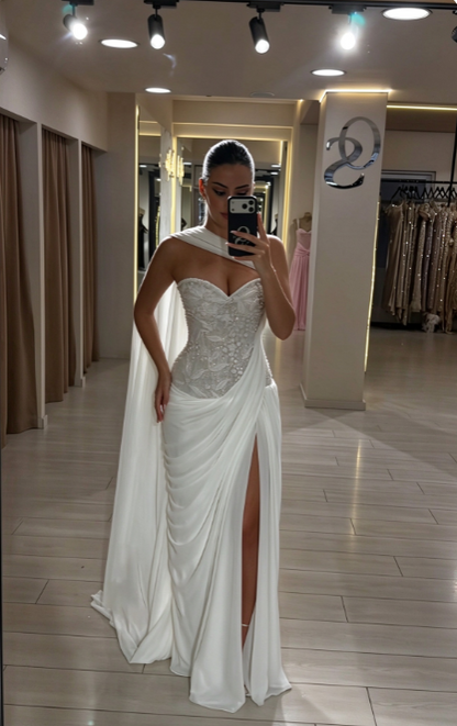 Elegant White Sheath Long Evening Dress Chiffon Beaded Prom Dress ED11983