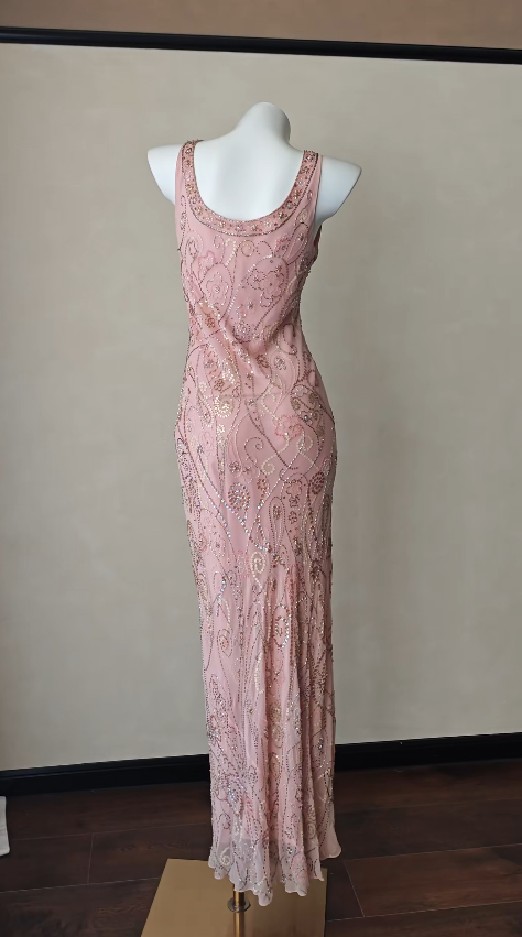 Vintage Pink Prom Dress  Sheath Beaded Chiffon Long Evening Dress ED11999