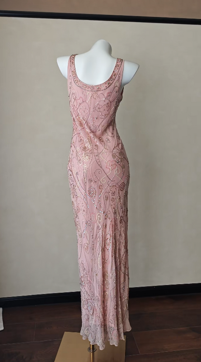 Vintage Pink Prom Dress  Sheath Beaded Chiffon Long Evening Dress ED11999