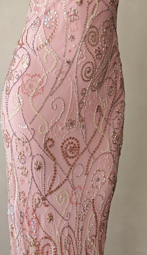 Vintage Pink Prom Dress  Sheath Beaded Chiffon Long Evening Dress ED11999