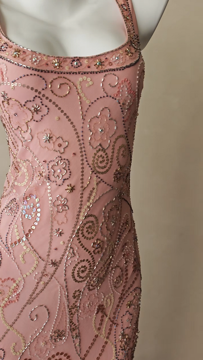 Vintage Pink Prom Dress  Sheath Beaded Chiffon Long Evening Dress ED11999