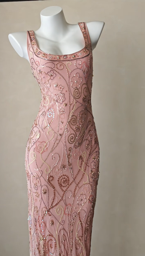 Vintage Pink Prom Dress  Sheath Beaded Chiffon Long Evening Dress ED11999
