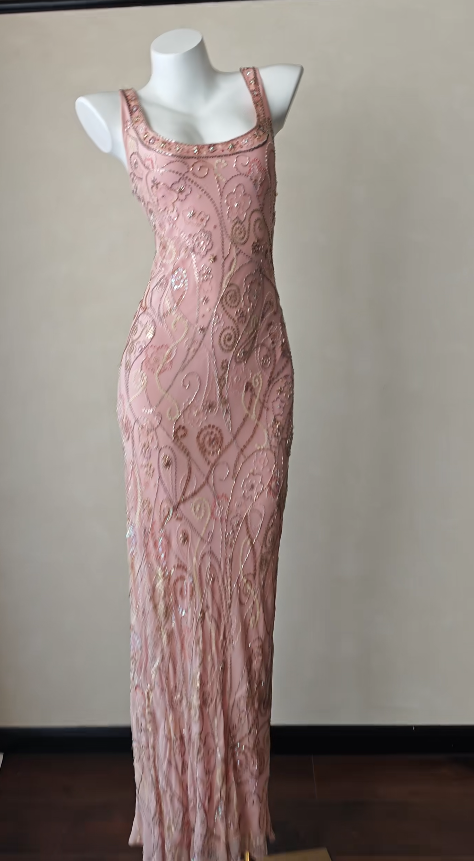 Vintage Pink Prom Dress  Sheath Beaded Chiffon Long Evening Dress ED11999