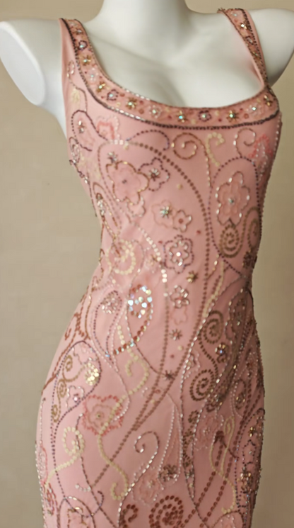 Vintage Pink Prom Dress  Sheath Beaded Chiffon Long Evening Dress ED11999