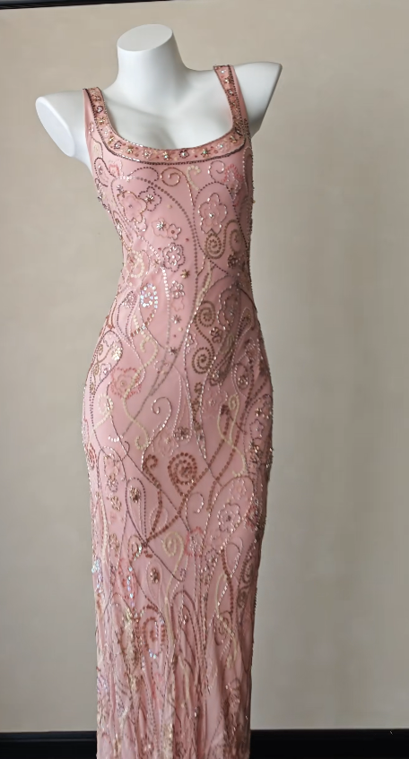 Vintage Pink Prom Dress  Sheath Beaded Chiffon Long Evening Dress ED11999