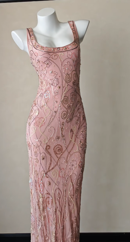 Vintage Pink Prom Dress  Sheath Beaded Chiffon Long Evening Dress ED11999