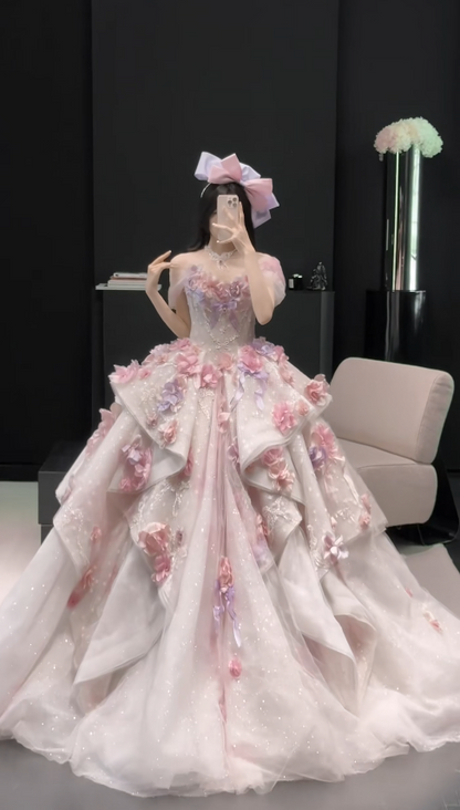 Gorgeous Appliques Pink Prom Dress  Sweet 16 Dress A-Line Tulle Long Evening Dress ED12000