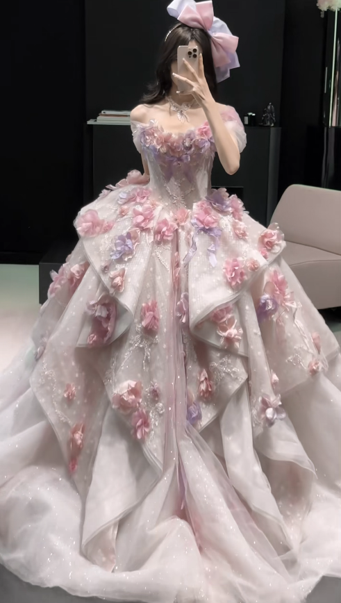 Gorgeous Appliques Pink Prom Dress  Sweet 16 Dress A-Line Tulle Long Evening Dress ED12000