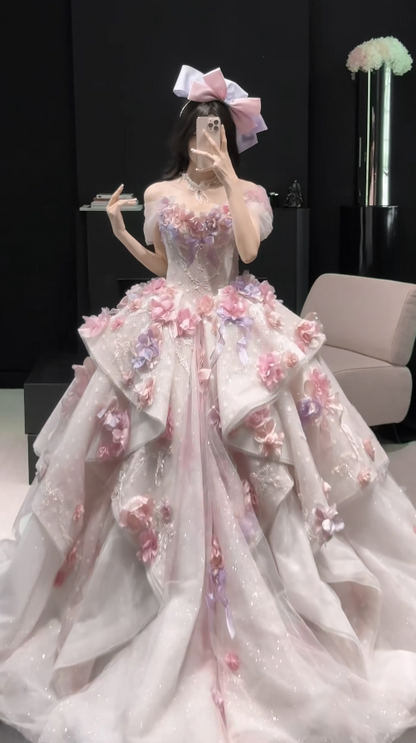 Gorgeous Appliques Pink Prom Dress  Sweet 16 Dress A-Line Tulle Long Evening Dress ED12000
